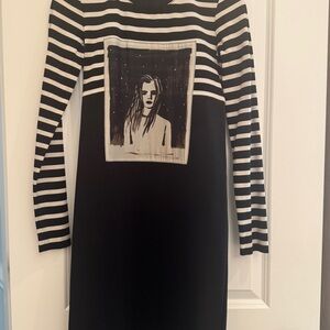 Marc By Marc Jacobs Black and White Striped Dress with Graphic Detail